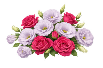 Fototapeta premium Floral arrangement with pink roses and light purple eustoma, delicate bouquet for celebrations and romance, transparent background