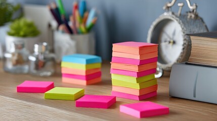 Colorful sticky notes on a wooden desk with office supplies and a clock in the background