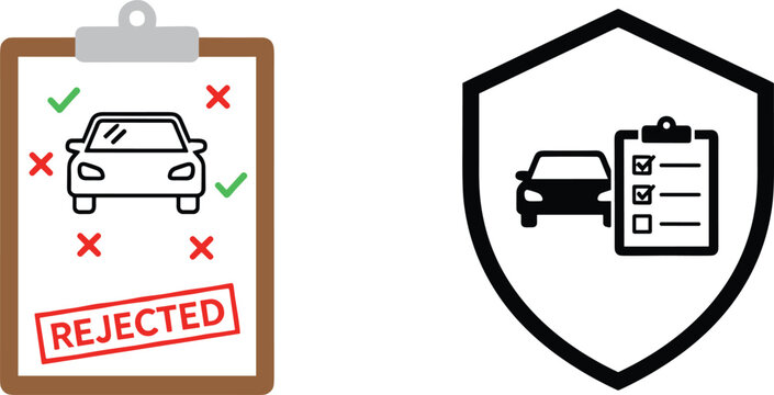 Car inspection rejected and approved icons set with checklist clipboard shield and vehicle verification symbols