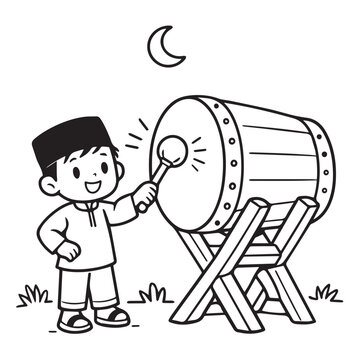 Islamic themed vector portraying a small boy joyfully playing the bedug to announce Maghrib, expressing devotion, tradition, unity, and the cheerful spiritual mood of Ramadan nights.