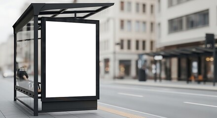 Fototapeta premium Blank advertising billboard mockup on a modern urban bus stop shelter, offering prime outdoor promotion space on a city street, ideal for branding and campaign display