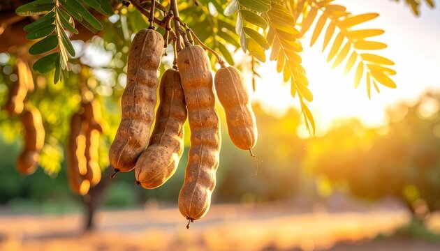Tamarind tree with hanging brown pods