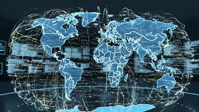 Global network visualization of data exchange and connectivity across the world map in a futuristic digital landscape viewed from a high perspective