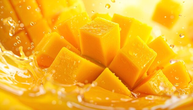 Fresh mango chunks splashing in water with droplets flying around