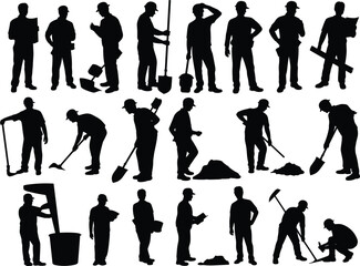 Obraz premium Construction workers silhouettes, hard hats, shovels, pickaxes, blueprints, inspection, teamwork, manual labor, industrial workforce, occupational diversity, safety illustration