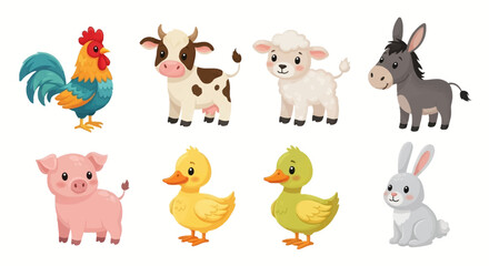 Fototapeta premium Farm Animals Collection Rooster Cow Sheep Donkey.