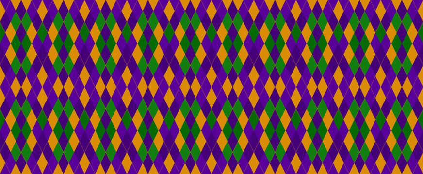 Mardi Gras Background in Eclectic Argyle Seamless Vector Pattern. New Orleans Carnival Style Masquerade Backdrop in Purple, Green and Gold Yellow. Pattern Tile Swatch Included.