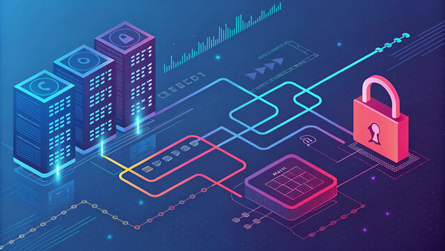 Isometric illustration of secure data servers and network infrastructure with padlock icon.