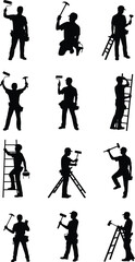 Construction workers silhouettes, manual labor, painters, hammer users, ladder climbing, occupational diversity, teamwork, industrial workforce, safety illustration, job tasks