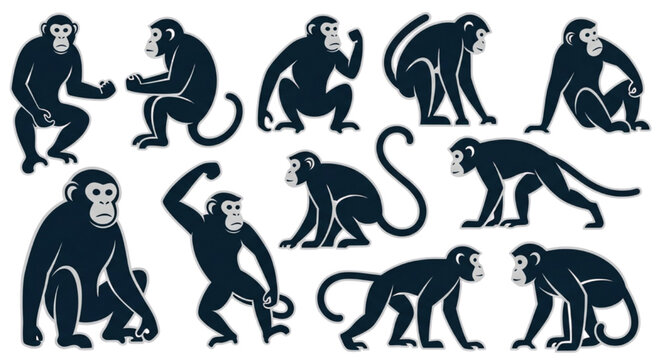 Collection of various monkey and ape silhouettes, showcasing different poses and actions for graphic design