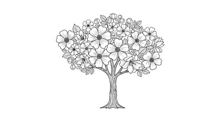 Detailed Outline Drawing of a Lush Flowering Tree 1.