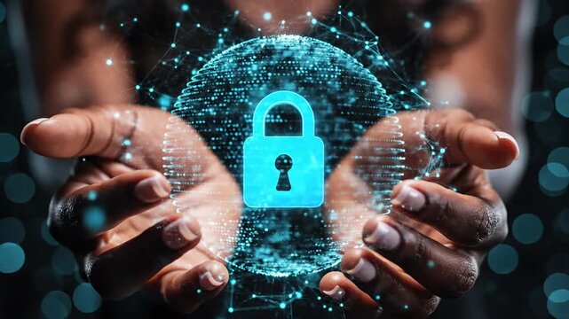 Digital security lock encrypted data in hand protection concept