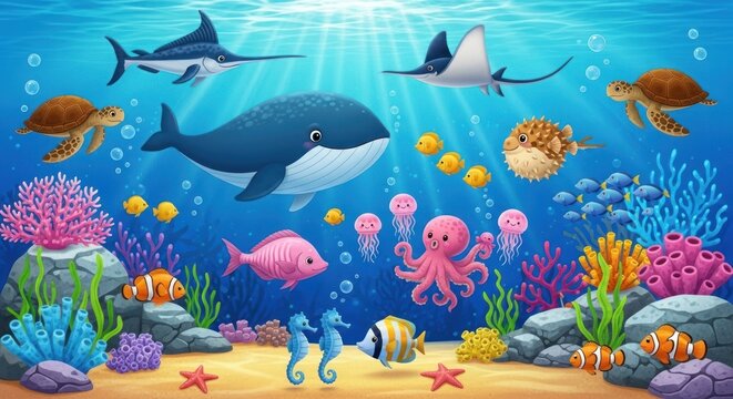 Happy cartoon underwater scene with diverse sea animals and colorful coral