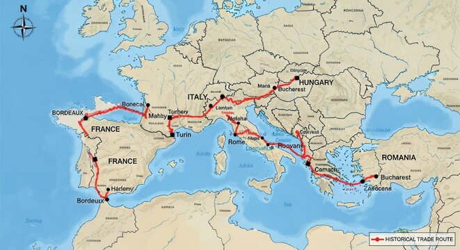 Historical trade route map across Europe connecting ancient cities