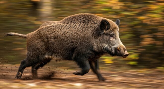 Wild boar running in a forest with autumn foliage.