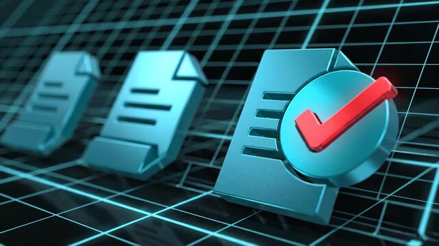 Digital document approval with checkmark on grid background in blue tones