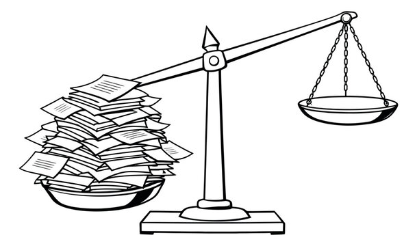 Hand drawn line art illustration of a balance scale depicting a heavy stack of documents on one pan for workload management and legal concepts