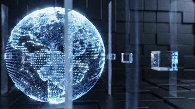 Digital earth globe rotating among cubic structures concept