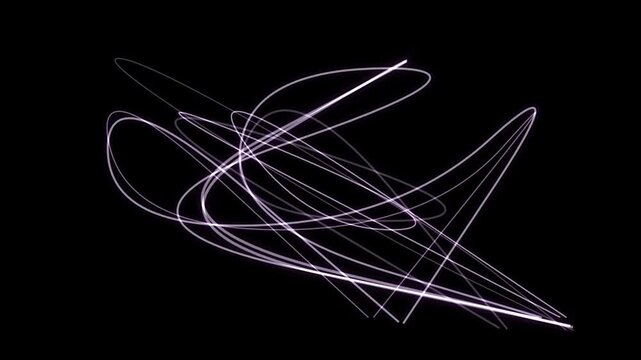 Neon light trails over black background with abstract curves and purple glow