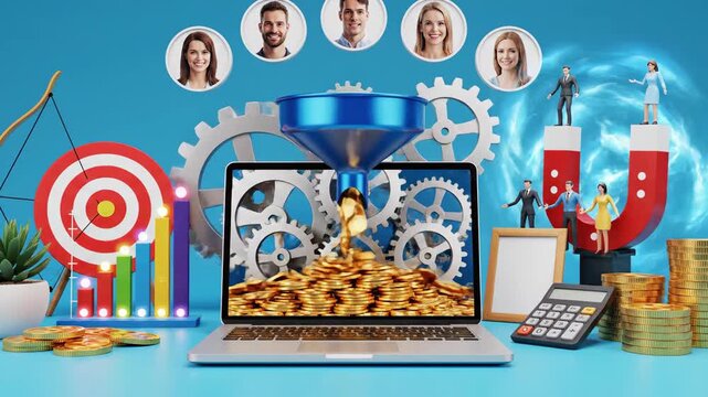 Digital marketing funnel with laptop target arrow graph and currency