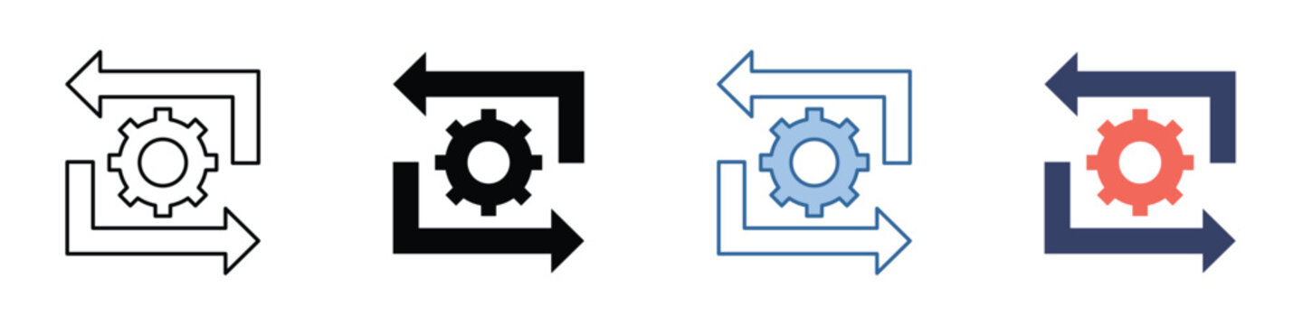 Vector icon set depicting a configurable system process, featuring a central gear and cyclical arrows for automation, settings, and efficient workflow management