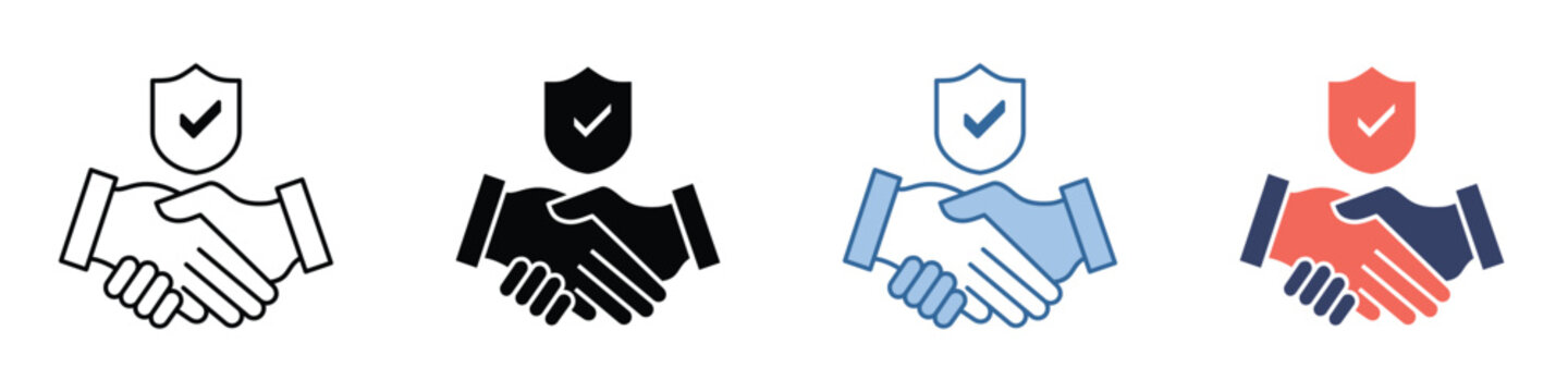 Secure business partnership agreement icon set showcasing trust, protection, and verified deal completion for reliable service and insured transactions and cooperation