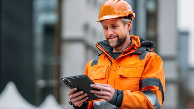Construction worker using tablet checking project details