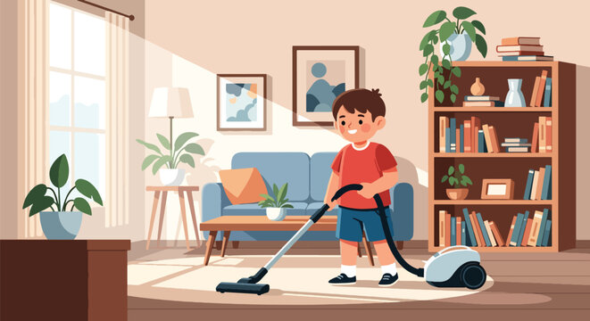 Independent little boy vacuuming the carpet at home, modern flat vector promoting good habits and self-discipline in daily chores