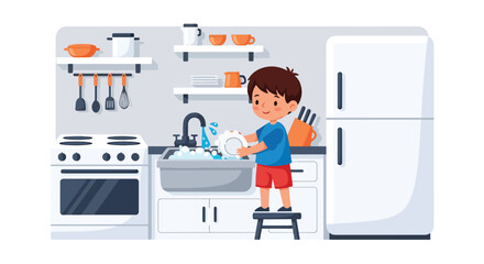 Independent little boy washing dishes at the sink, modern flat vector promoting good habits and responsible daily home routine