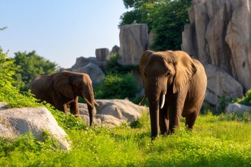 Elephants in Natural Habitat Amidst Rocky Landscape