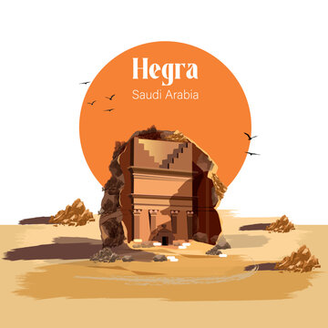 Hegra, an Ancient City in Saudi Arabia Untouched for Millennia. Illustration. World Tourism Day