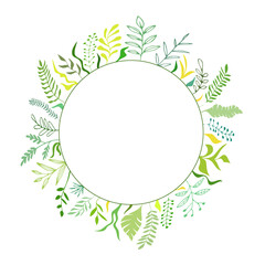 Circular frame of spring leaves, isolated on a white background, vector illustration