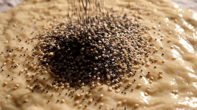 Black and White Sesame Seeds Being Sprinkled on Dough Texture