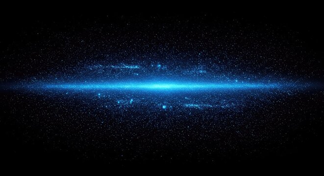 Abstract digital illustration showcasing a deep blue cosmic energy field with glowing particles moving rapidly across the black void background, energy, background, force