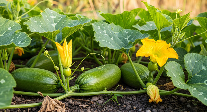 Fresh green calabacera squash growing on a vine in the garden soil