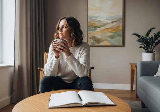 Thoughtful woman holding a coffee mug and looking out the window in a cozy living room with a journal on the table.