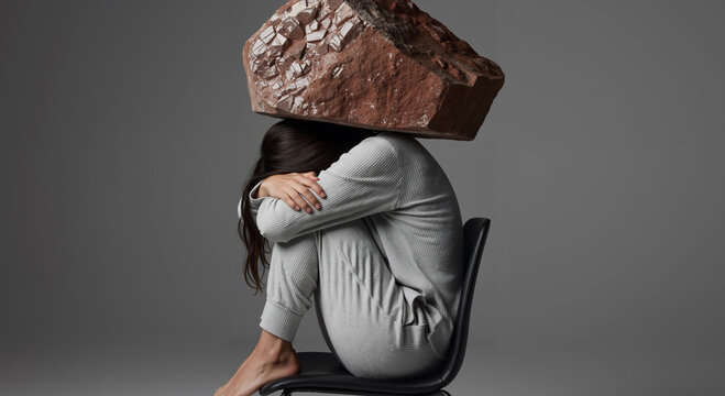 Woman burdened by a heavy rock on her head symbolizing mental health, stress, anxiety, and depression