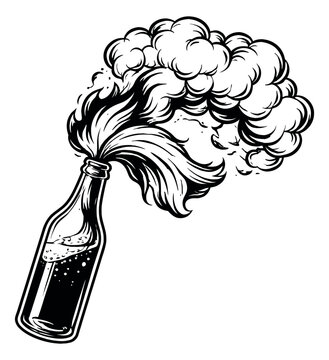 Hand drawn illustration of a molotov cocktail depicting burning fuse and smoke for protest concepts