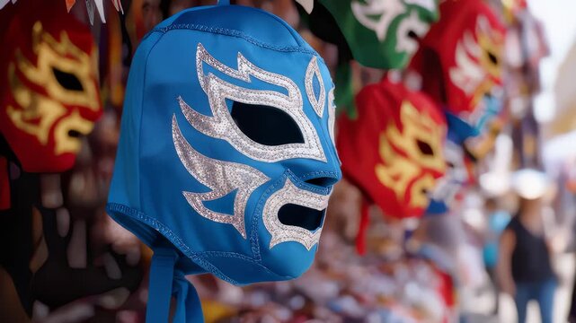 Colorful Lucha Libre Masks Hanging at Outdoor Mexican Market Stall