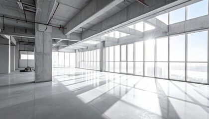 Modern empty office space with large windows and concrete architecture.