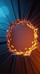 Abstract visual representation of structural failure and breaking apart, featuring fractured geometric pieces surrounding a central empty space, disruption, broken, stress