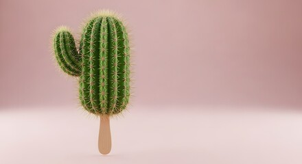 Surreal 3D Render of a Cactus Spine Popsicle on Pink Background, Spiky Desert Ice Cream with Tactile Contrast Aesthetic