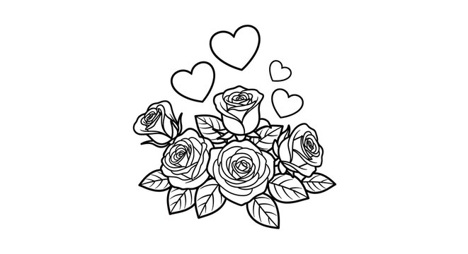 Black and white rose bouquet with heart clipart, romantic floral line art