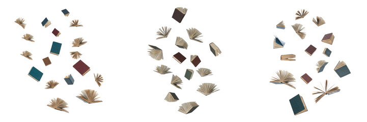 Creative Concept of Flying Open Books and Journals Falling Through the Air Isolated on White Background