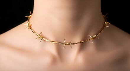 Elegant Fashion Portrait of a Gold Barbed Wire Necklace, Luxury Jewelry with Dangerous Contrast and High-End Aesthetic