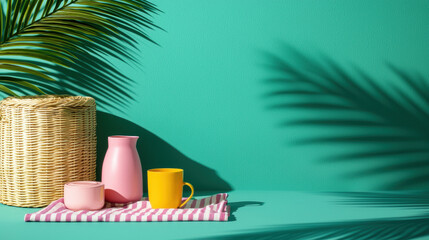 Minimal picnic setup with pastel pink ceramic jar, pitcher, and yellow cup on striped cloth with wicker basket and palm leaf shadows