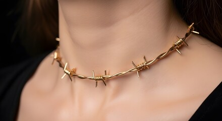 Gold Barbed Wire Necklace on Skin, Luxury Jewelry with Dangerous Contrast, Fashion Concept