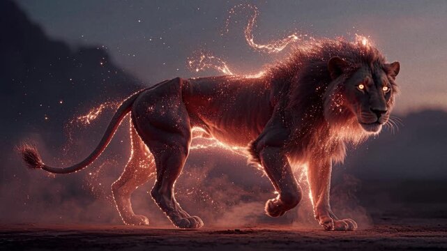 A digital or illustrative work showcasing a fiery lion mid-stride on a dirt surface, surrounded by sparks and lightning The lion is enveloped in a layer of glowing embers, creating an - AI-Generated
