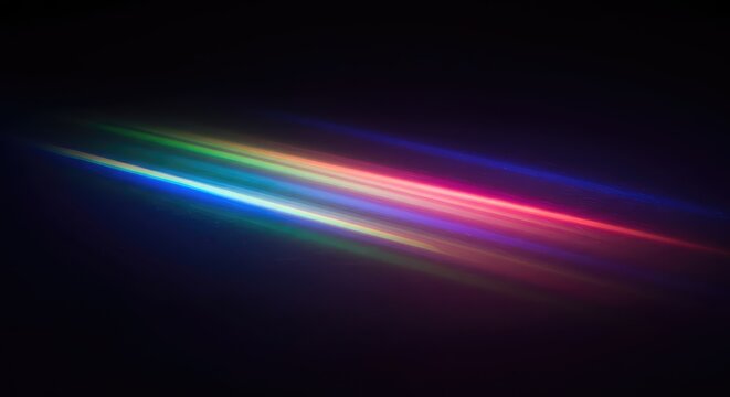 Dynamic abstract background showcasing bright spectral light leaks and colorful refraction flares across a dark textured surface, projection, spectral, rainbow