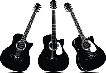 Fototapeta premium Acoustic guitar silhouette collection featuring various professional musical instruments, cutaway body styles, and stringed wood instruments for music 